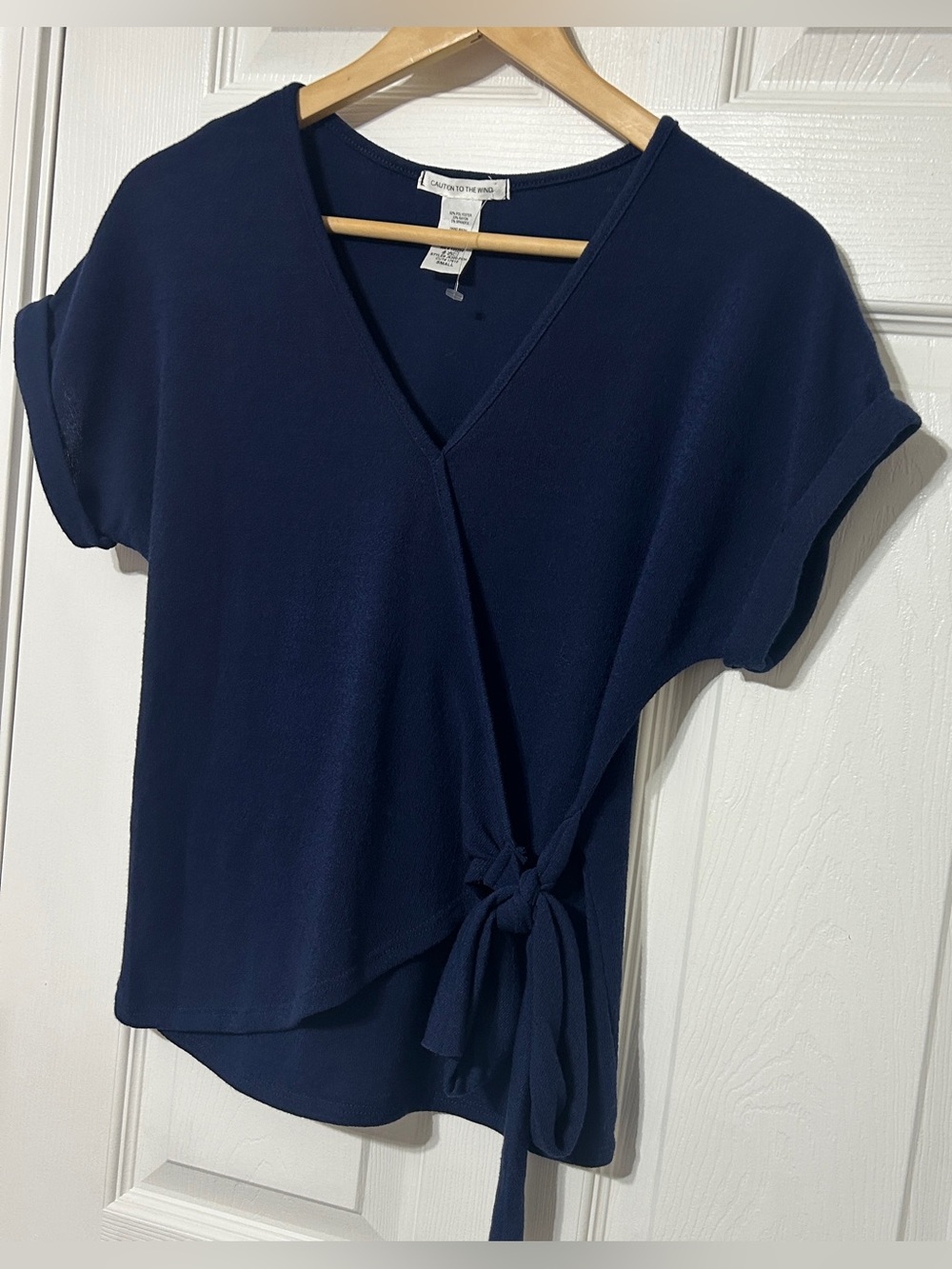 Caution To The Wind Navy Blue Faux Wrap Top Stretch Knit NWOT Women’s Size S